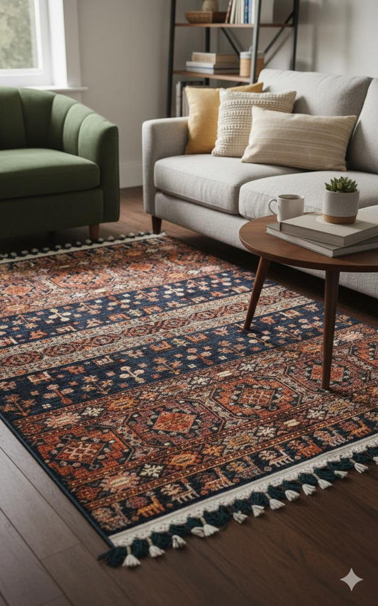 Blue Vintage Orienatl Rug: Classic Washable Rug with Tassels