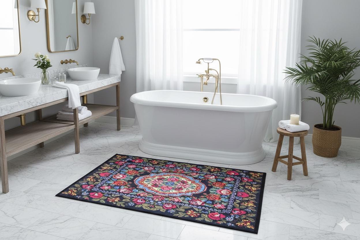 Black Karabagh Vintage Rug: Washable Floral Carpet with Tassels
