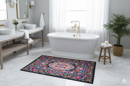 Black Karabagh Vintage Rug: Washable Floral Carpet with Tassels
