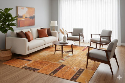 Handmade Wool Patchwork Rug: Bohemian Turkish Area Rug (5.2x7.5 ft)