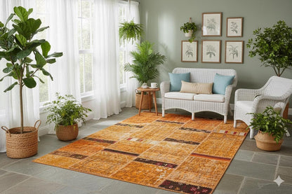 Handmade Wool Patchwork Rug: Bohemian Turkish Area Rug (5.2x7.5 ft)