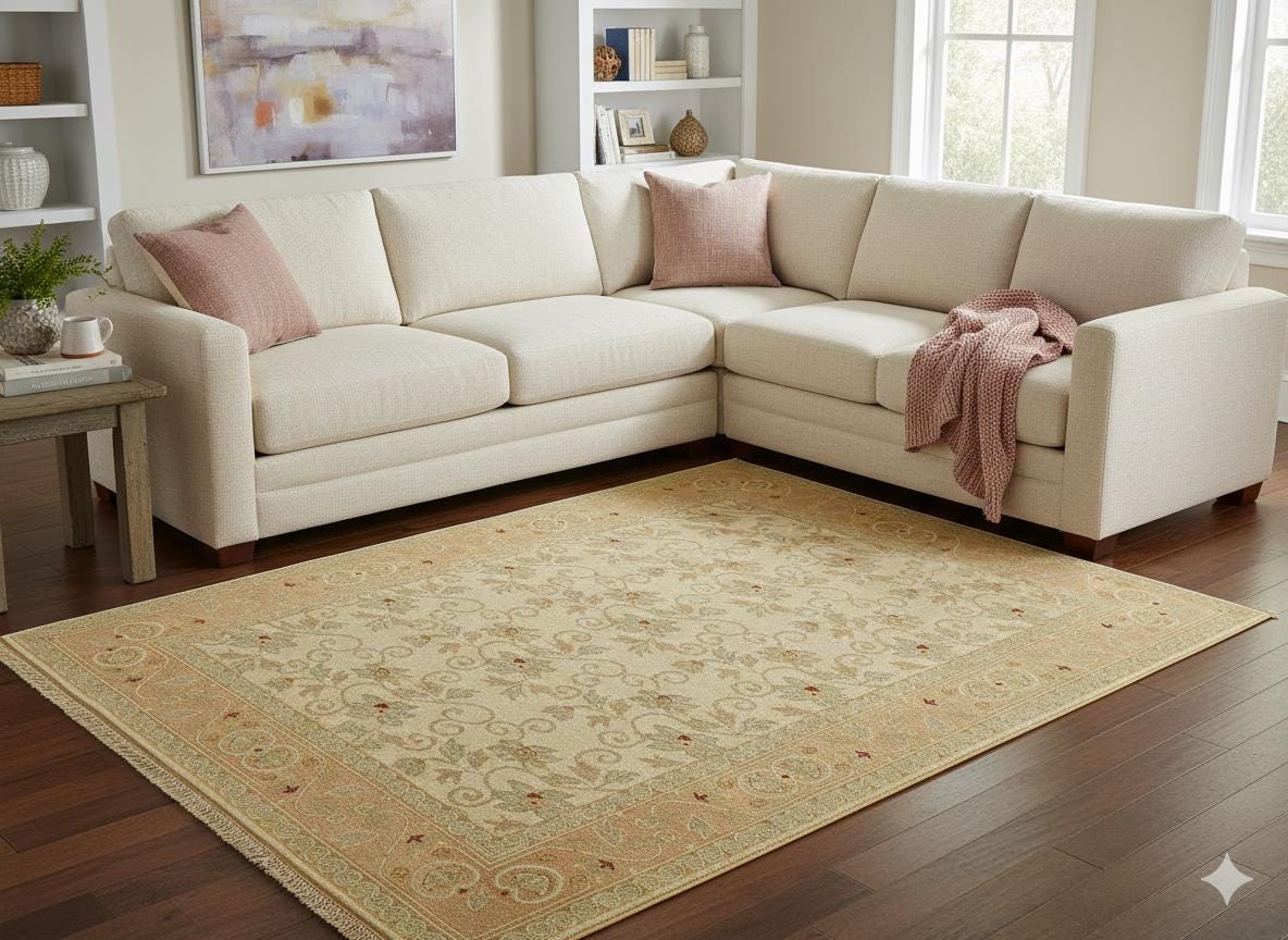 Vintage Turkish Wool Rug: Handmade Beige Floral Carpet (5.70 ft x 7.48 ft)