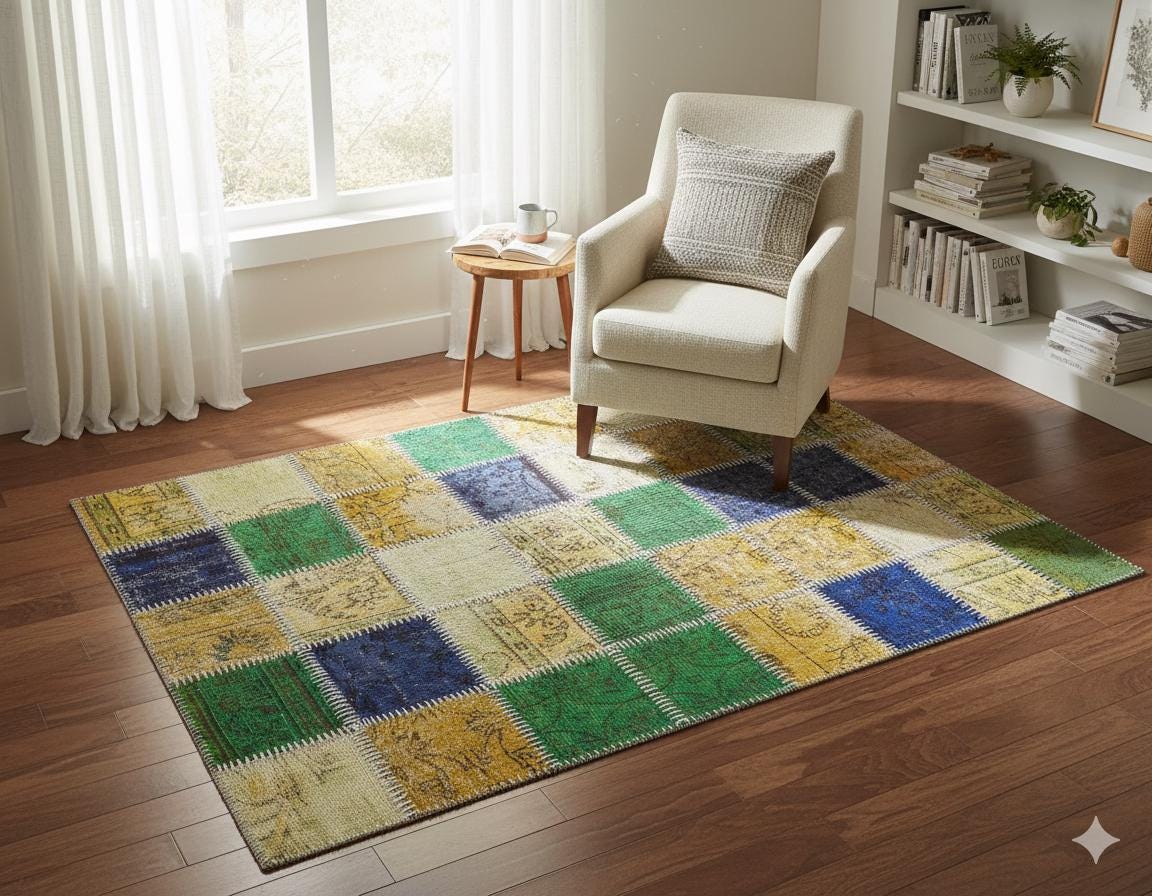 Handmade Wool Patchwork Rug: Bohemian Turkish Area Rug (3.9x5.7 ft)