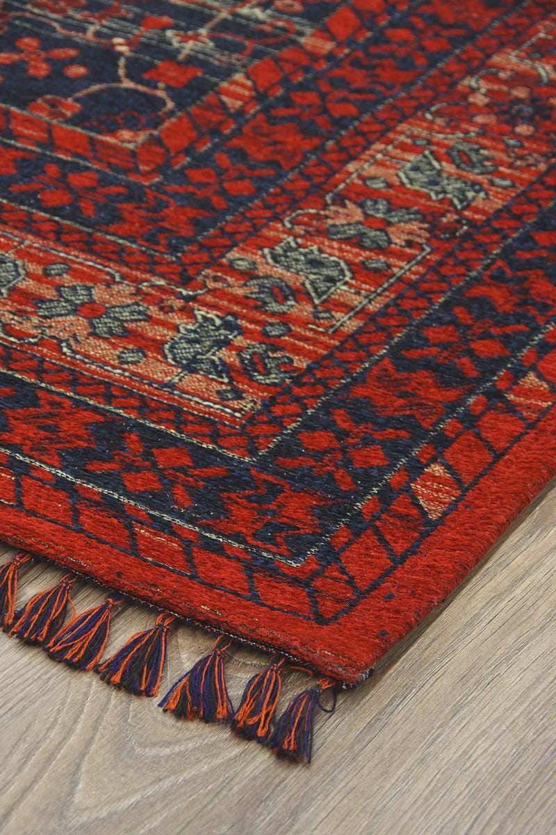 Red & Blue Washable oriental Afghan Rug: Vintage Farmhouse Style