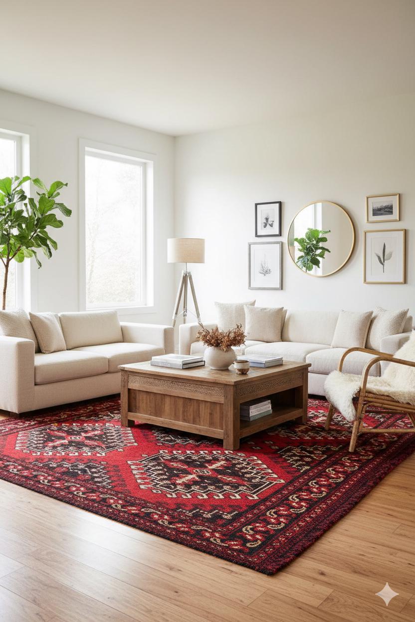 Red & Blue Washable oriental Afghan Rug: Vintage Farmhouse Style