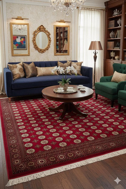 Traditional Red Bokhara Area Rug – Silk-Feel Viscose Carpet, Oriental Medallion Design