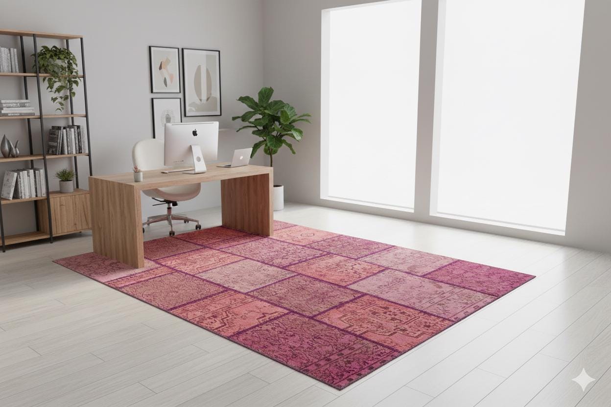 Handmade Wool Patchwork Rug: Bohemian Pink Anatolian Rug (5.9x8.5 ft)