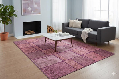 Handmade Wool Patchwork Rug: Bohemian Pink Anatolian Rug (5.9x8.5 ft)