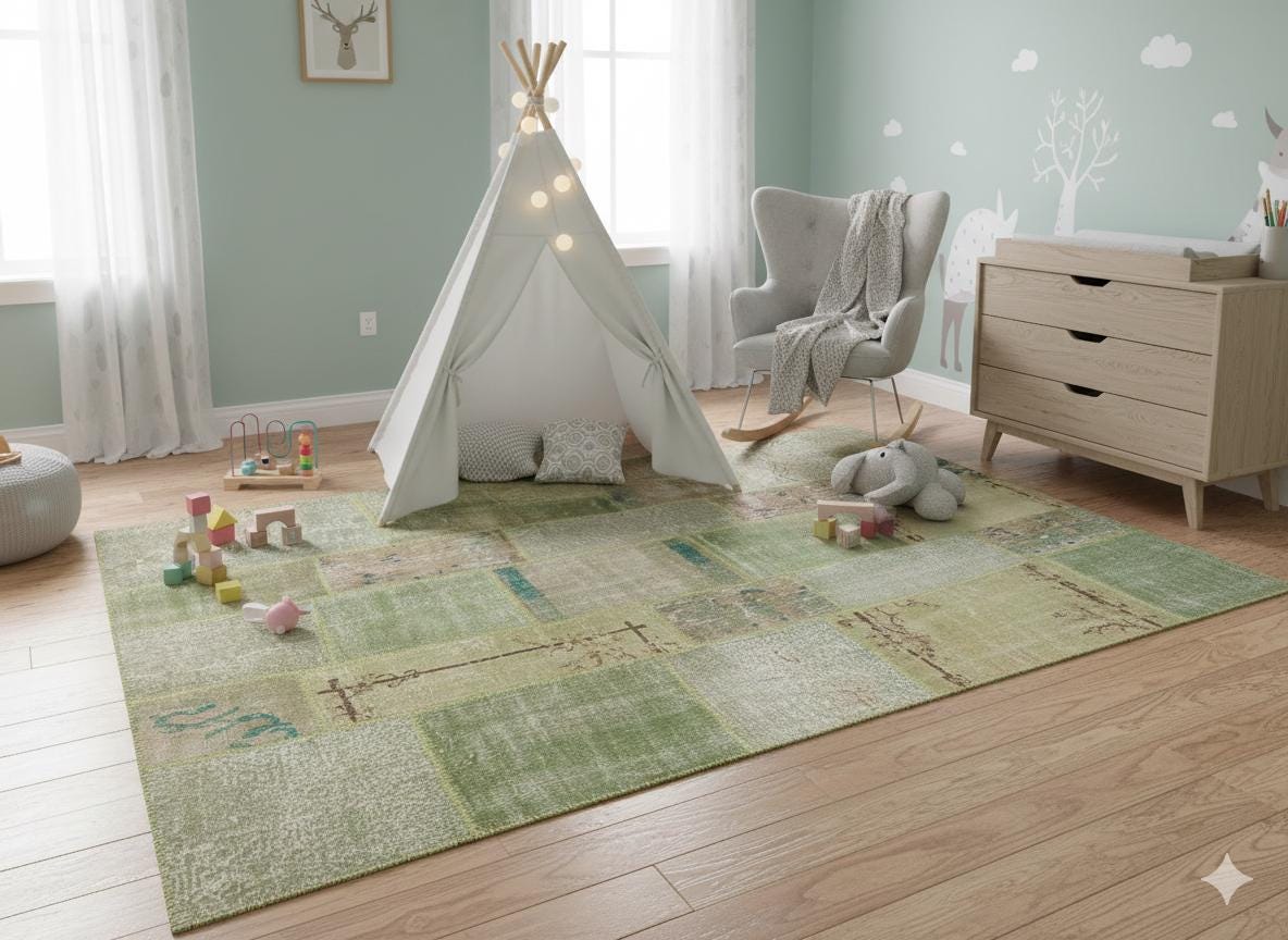 Green Patchwork Wool Rug: Handmade Turkish Bohemian Carpet (6.5x9.8 ft)