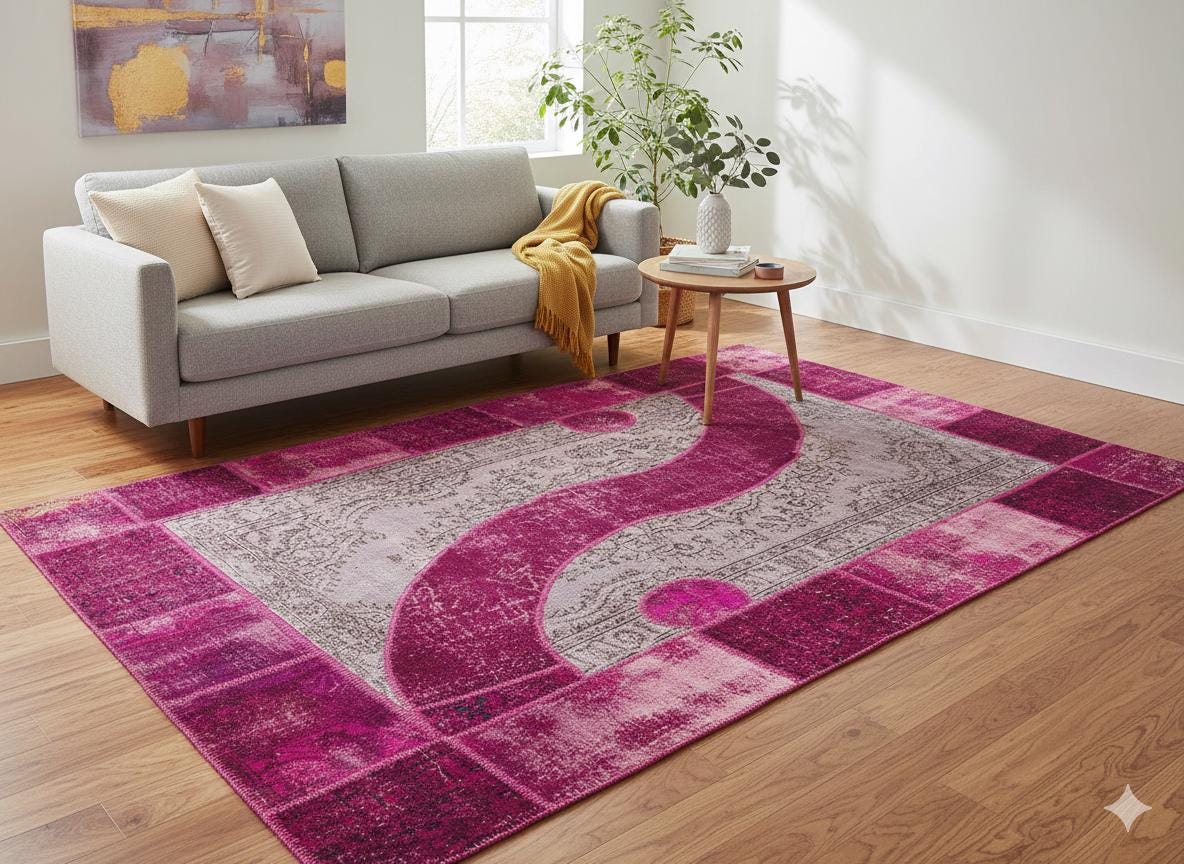 Pink Patchwork Wool Rug: Bohemian Ying Yang Area Rug (7.9x10.8 ft)