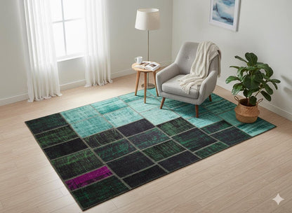 Green Patchwork Rug: Bohemian Handmade Wool Area Rug (6.5x9.8 ft)