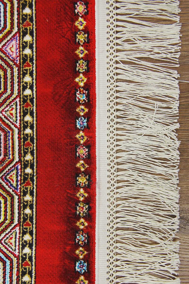 Red Striped Area Rug – Silk-Feel Viscose Oriental Carpet