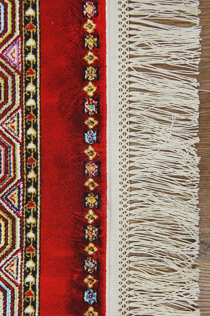 Red Striped Area Rug – Silk-Feel Viscose Oriental Carpet