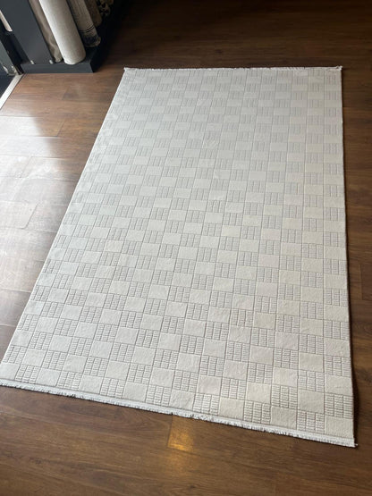 Modern Checkerboard Texture Rug, 5x7 Cream Contemporary Area Carpet (160x230cm)