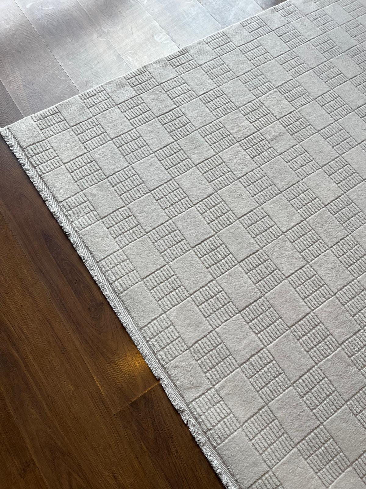 Modern Checkerboard Texture Rug, 5x7 Cream Contemporary Area Carpet (160x230cm)