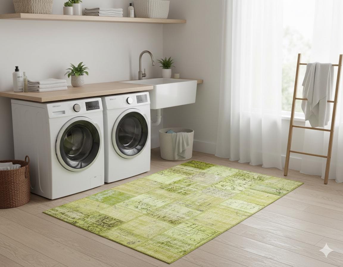 Green Patchwork Wool Rug: Handmade Turkish Area Rug (5.5x8.1 ft)