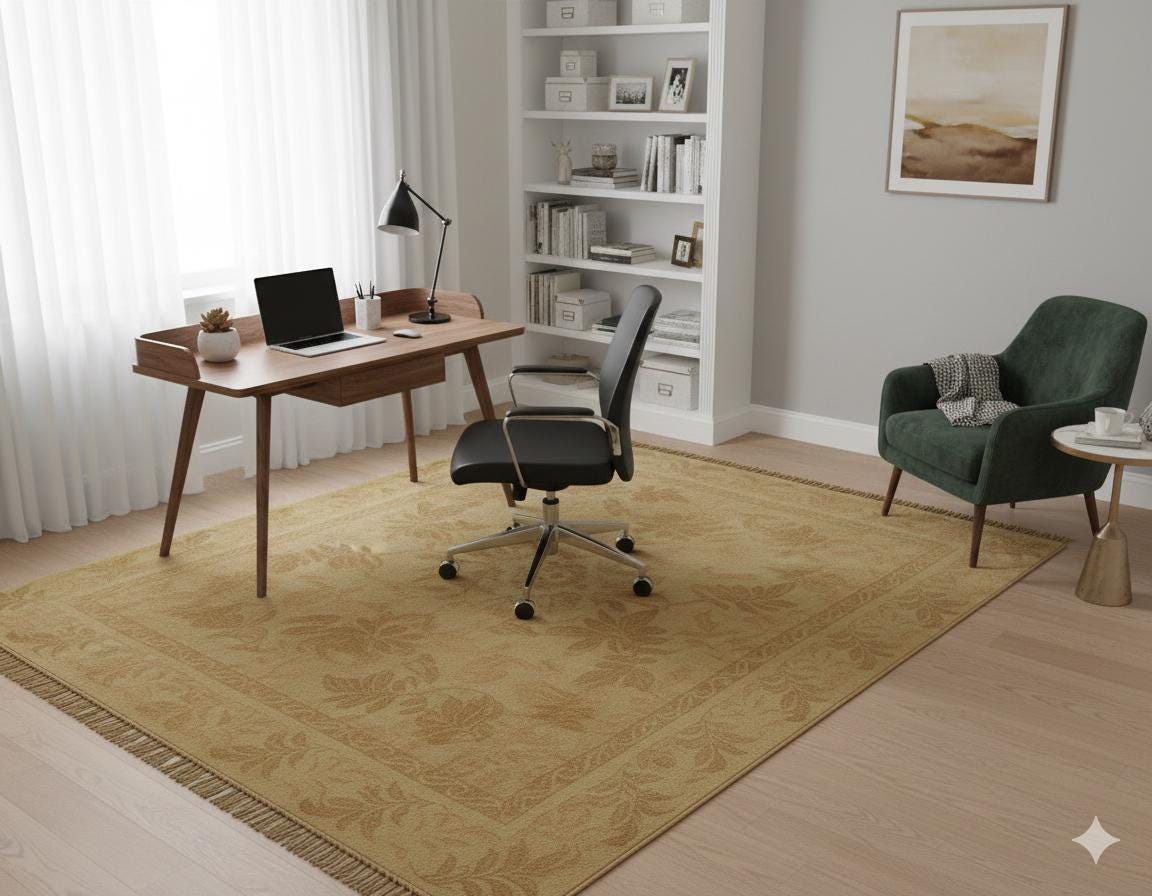 Vintage Turkish Wool Rug: Handmade Green Floral Carpet (6.66 ft x 8.16 ft)