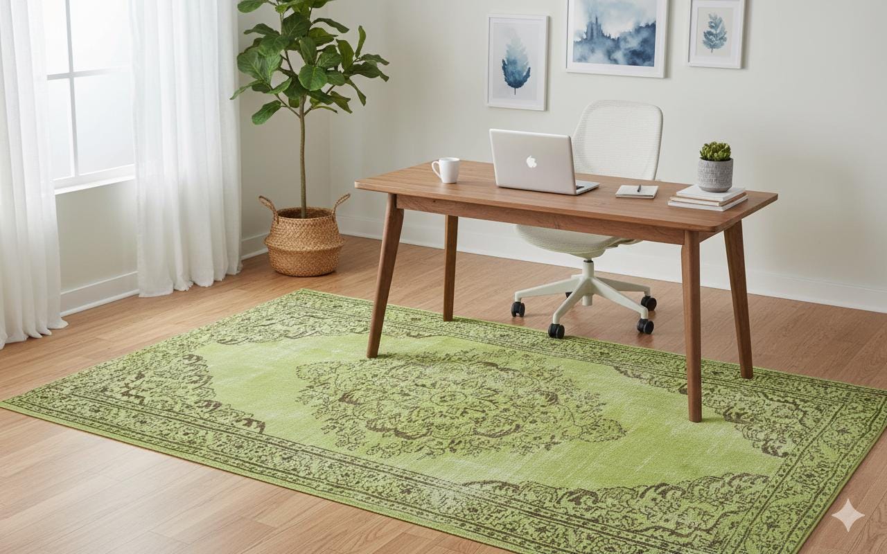 Vintage Green Wool Rug: Handmade Nursery Carpet 6x9ft