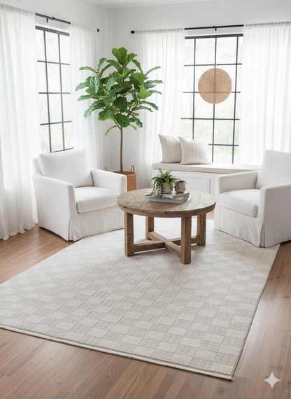 Modern Checkerboard Texture Rug, 5x7 Cream Contemporary Area Carpet (160x230cm)