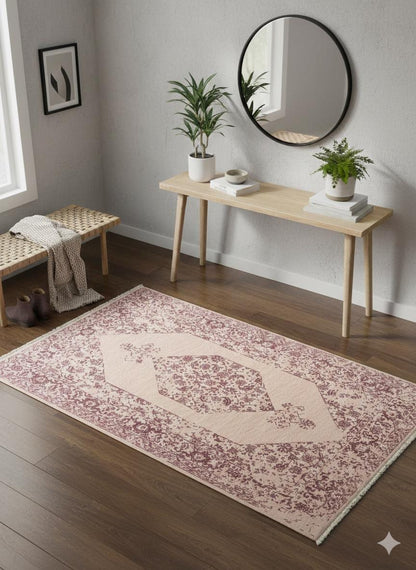 Distressed Pink Oriental Wool Rug – Medallion Boho Chic Carpet (160x230 cm)
