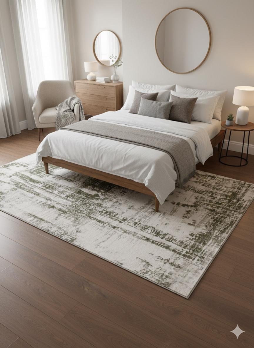 Olive Green Abstract Wool Rug – Contemporary Area Carpet 160x230cm