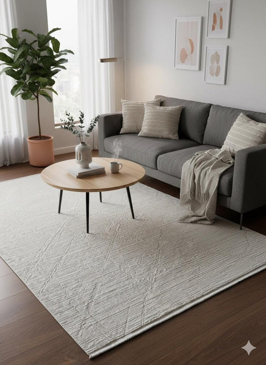 Textured Cream Area Rug, Modern Minimalist Living Room Carpet (160x230 cm)