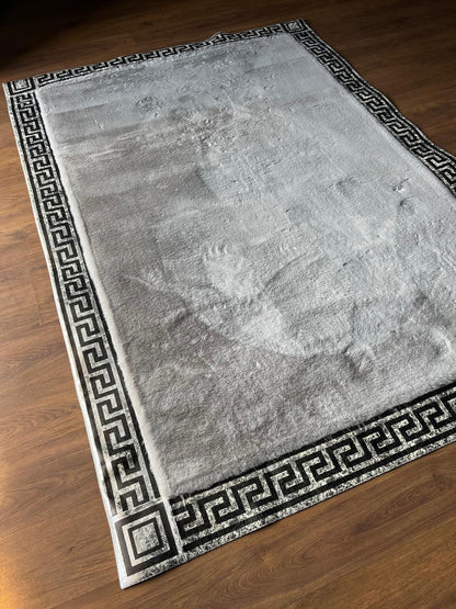 Silver Faux Leather Rug 5x7ft: Modern Minimalist Turkish Area Rug