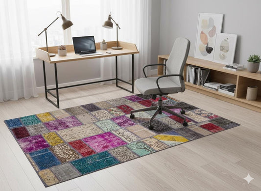 Handmade Turkish Patchwork Rug: Colorful Vintage Wool Kilim (5.6x7.7 ft.)