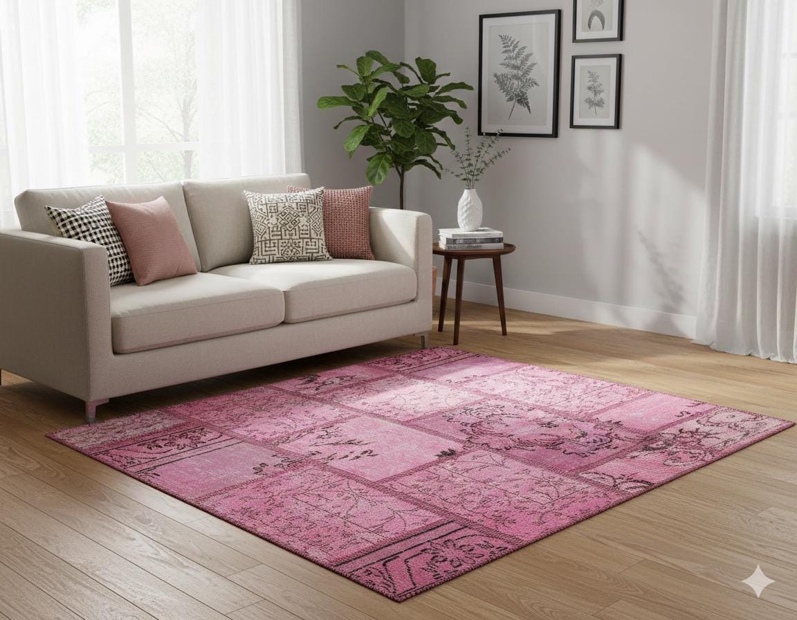 Handmade Wool Turkish Patchwork Rug: Vintage Pink Bohemian Area Rug (4.2x5.4)