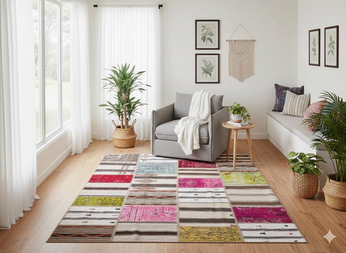 Handmade Turkish Patchwork Kilim Rug: Colorful Upcycled Wool, 5.6x8