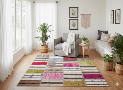 Handmade Turkish Patchwork Kilim Rug: Colorful Upcycled Wool, 5.6x8