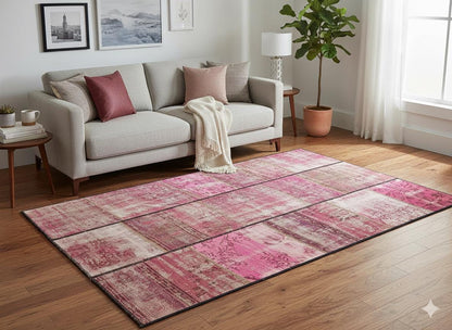 Handmade Pink Patchwork Wool Rug: Bohemian Area Rug (4.4x6.8 ft)