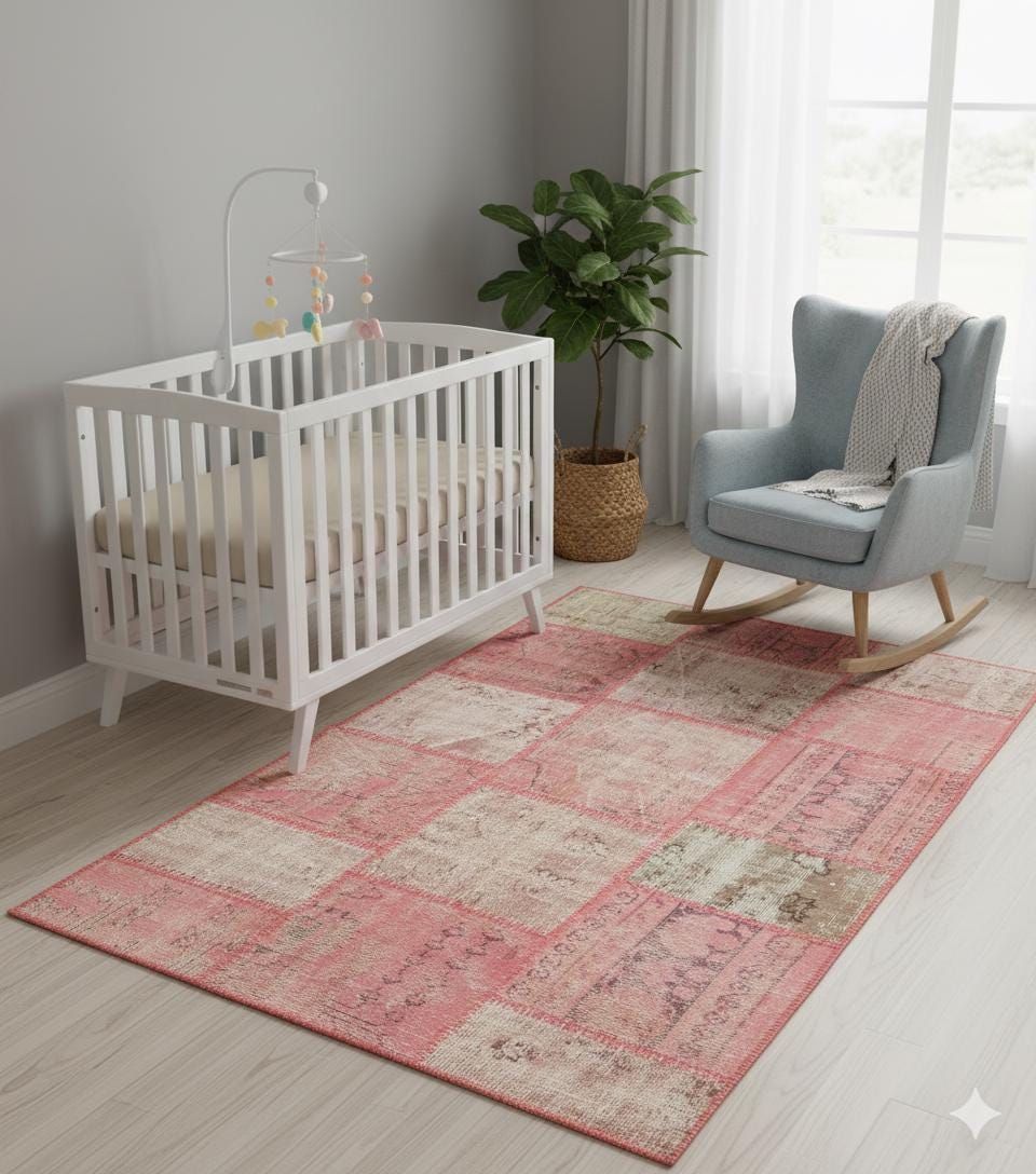 Handmade Pink Patchwork Rug: Bohemian Wool Area Rug (4x6 ft)