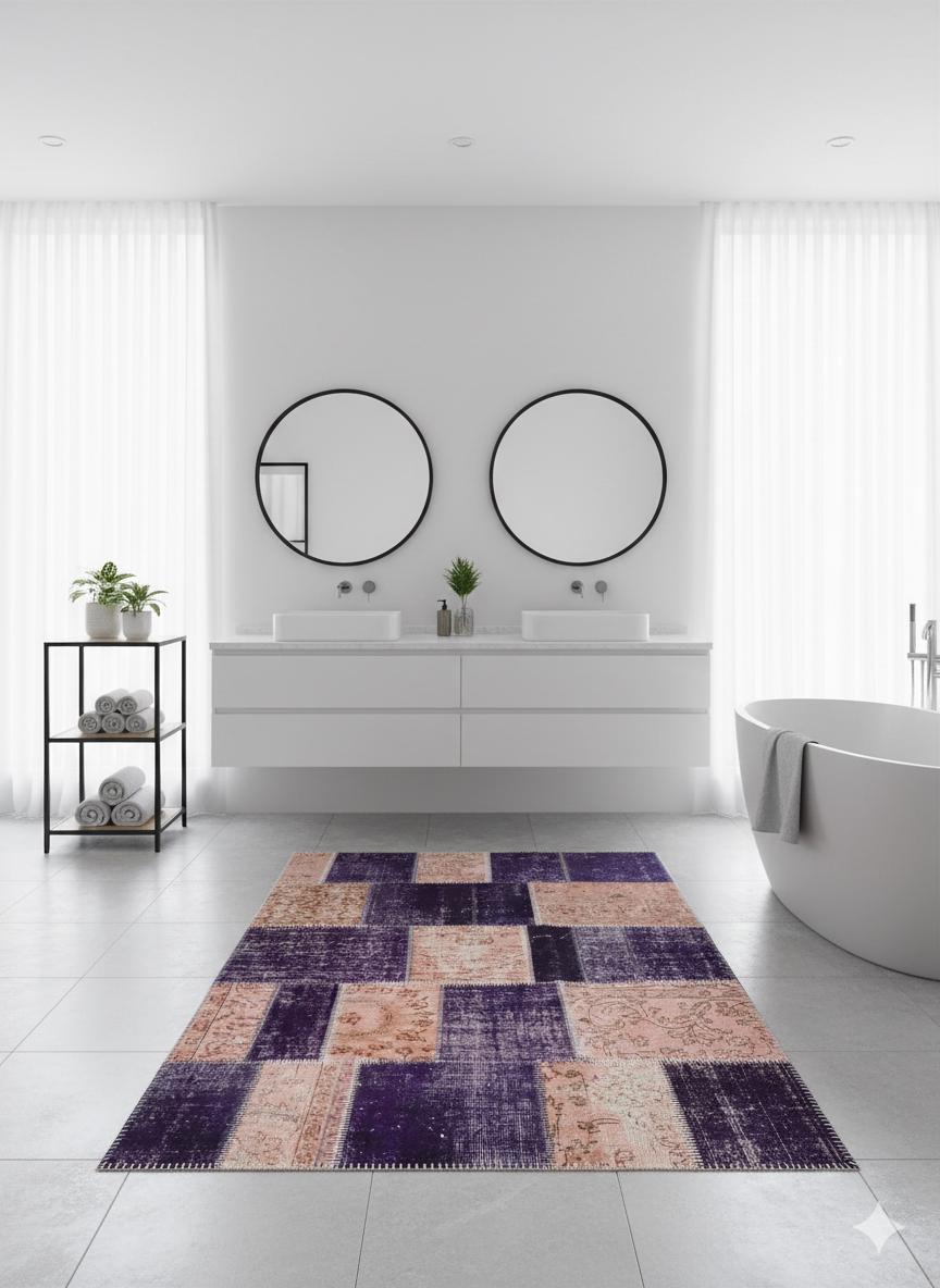 Handmade Purple Patchwork Wool Rug: Bohemian Turkish Rug (4.5'x6.6' ft)