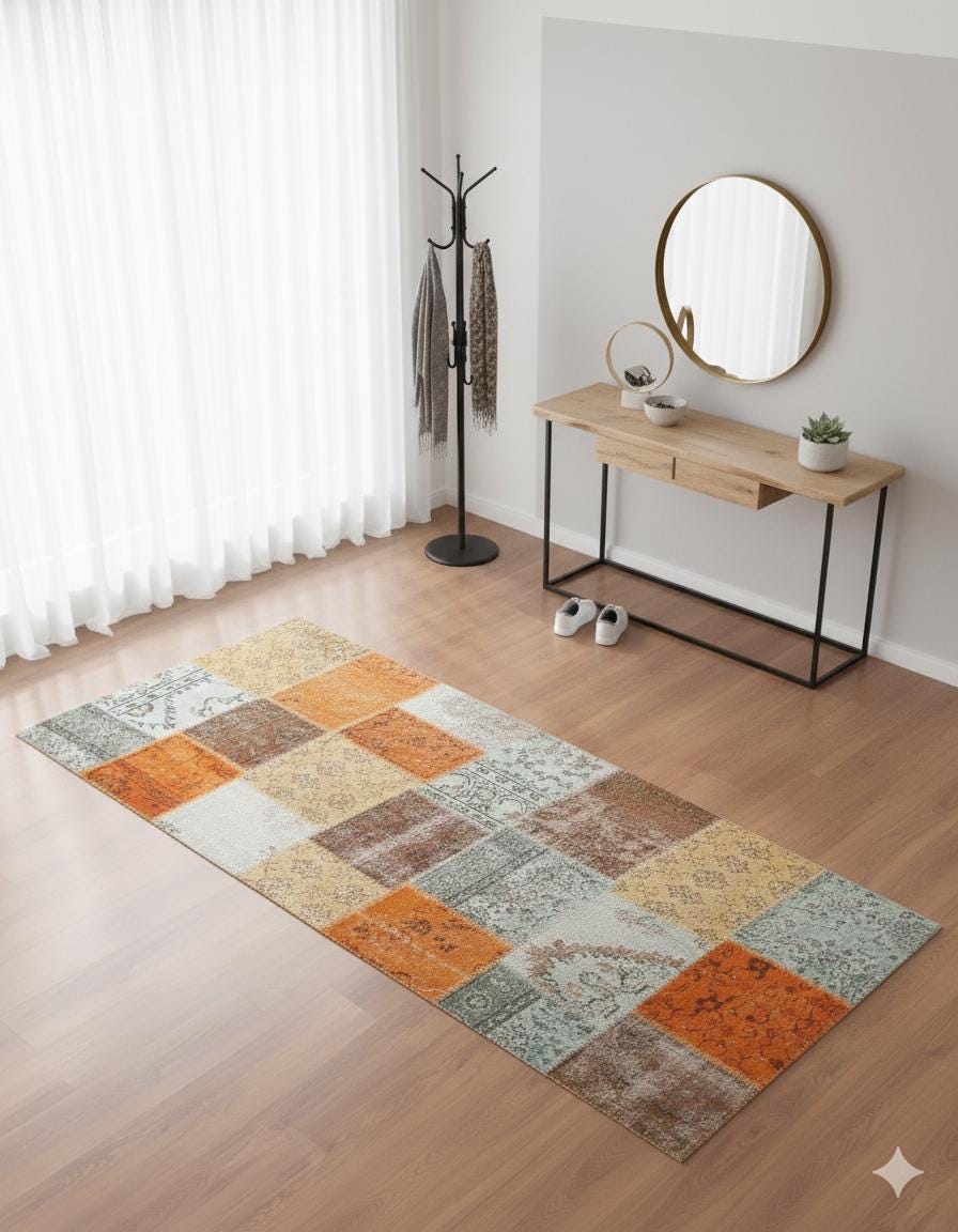 4.3x8.9, Handmade Wool Turkish Patchwork Rug – Vintage, Bohemian, One-of-a-Kind Area Rug