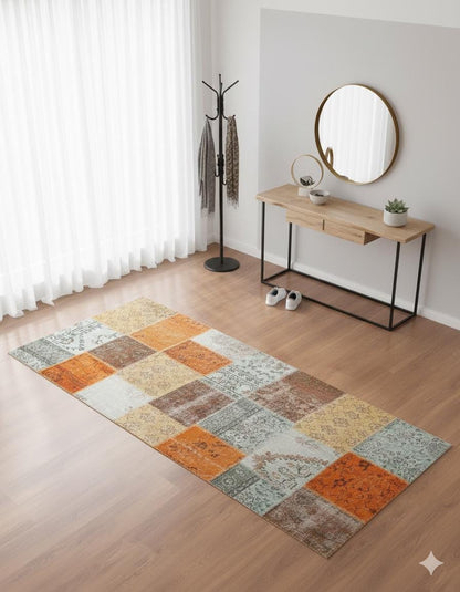 4.3x8.9, Handmade Wool Turkish Patchwork Rug – Vintage, Bohemian, One-of-a-Kind Area Rug