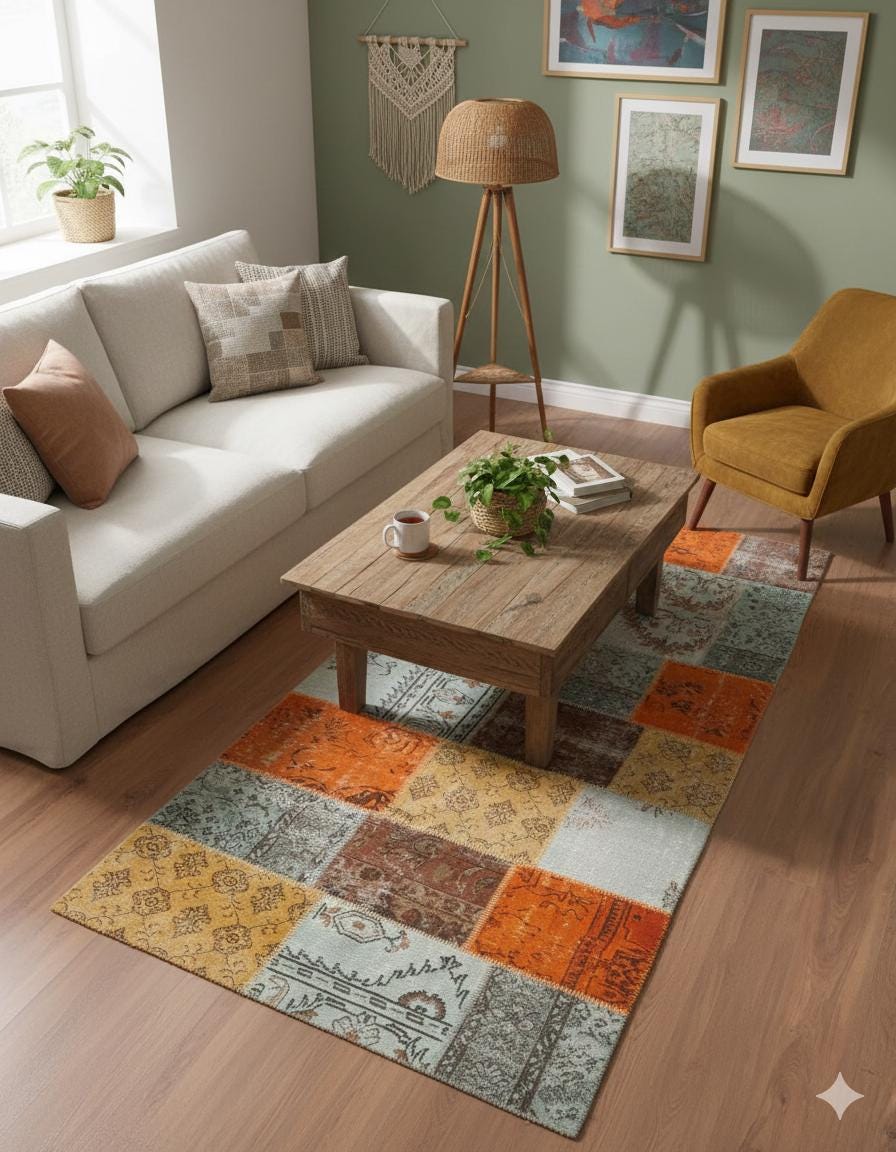 4.3x8.9, Handmade Wool Turkish Patchwork Rug – Vintage, Bohemian, One-of-a-Kind Area Rug