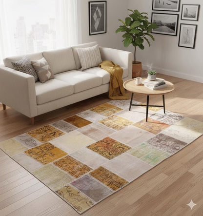 5.4x7.4, Handmade Wool Turkish Patchwork Rug – Vintage, Bohemian, One-of-a-Kind Area Rug