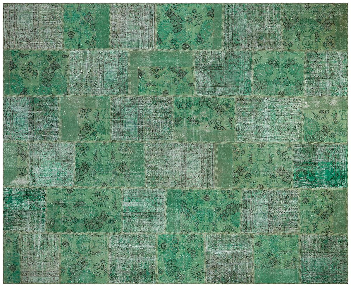Handmade Wool Turkish Patchwork Rug: Green Vintage Carpet (8.2x9.8)