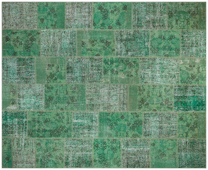 Handmade Wool Turkish Patchwork Rug: Green Vintage Carpet (8.2x9.8)