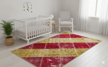 5.6x8, Handmade Wool Turkish Patchwork Rug – Vintage, Bohemian, One-of-a-Kind Area Rug