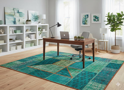 Handmade Wool Turkish Patchwork Rug: Vintage Green Area Rug (6x8)