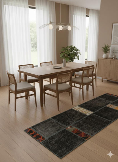 2.6x9.8, Handmade Wool Turkish Patchwork Rug – Vintage, Bohemian, One-of-a-Kind Area Rug