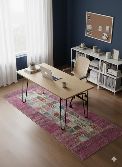 Handmade Wool Turkish Patchwork Rug: Pink Bohemian Vintage Area Rug