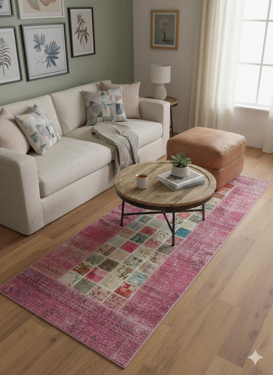 Handmade Wool Turkish Patchwork Rug: Pink Bohemian Vintage Area Rug