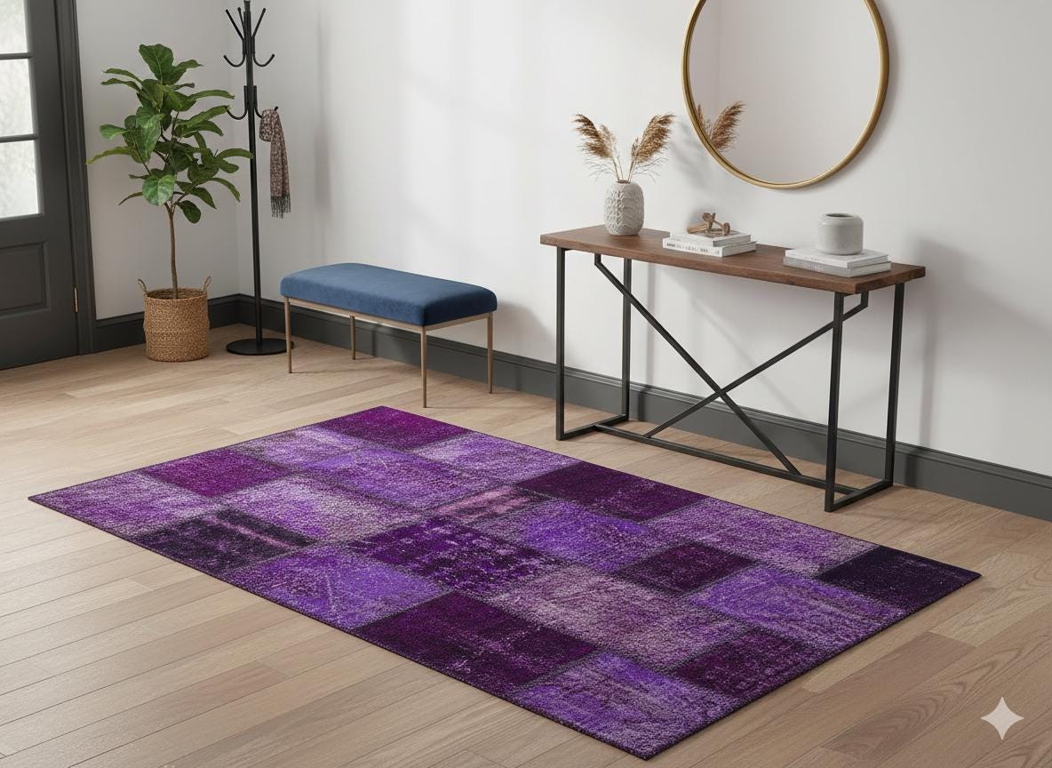 Handmade Wool Turkish Patchwork Rug: Purple Vintage Carpet (5.6x8)