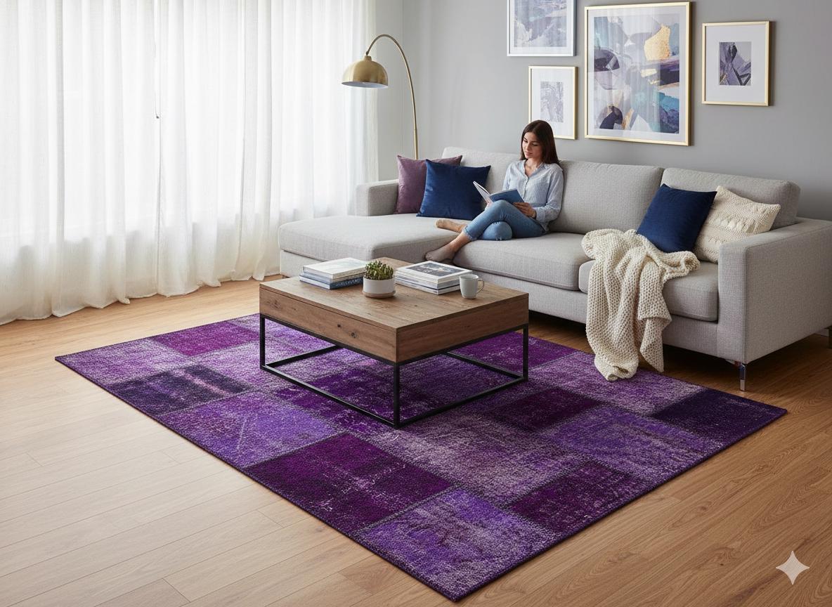 Handmade Wool Turkish Patchwork Rug: Purple Vintage Carpet (5.6x8)