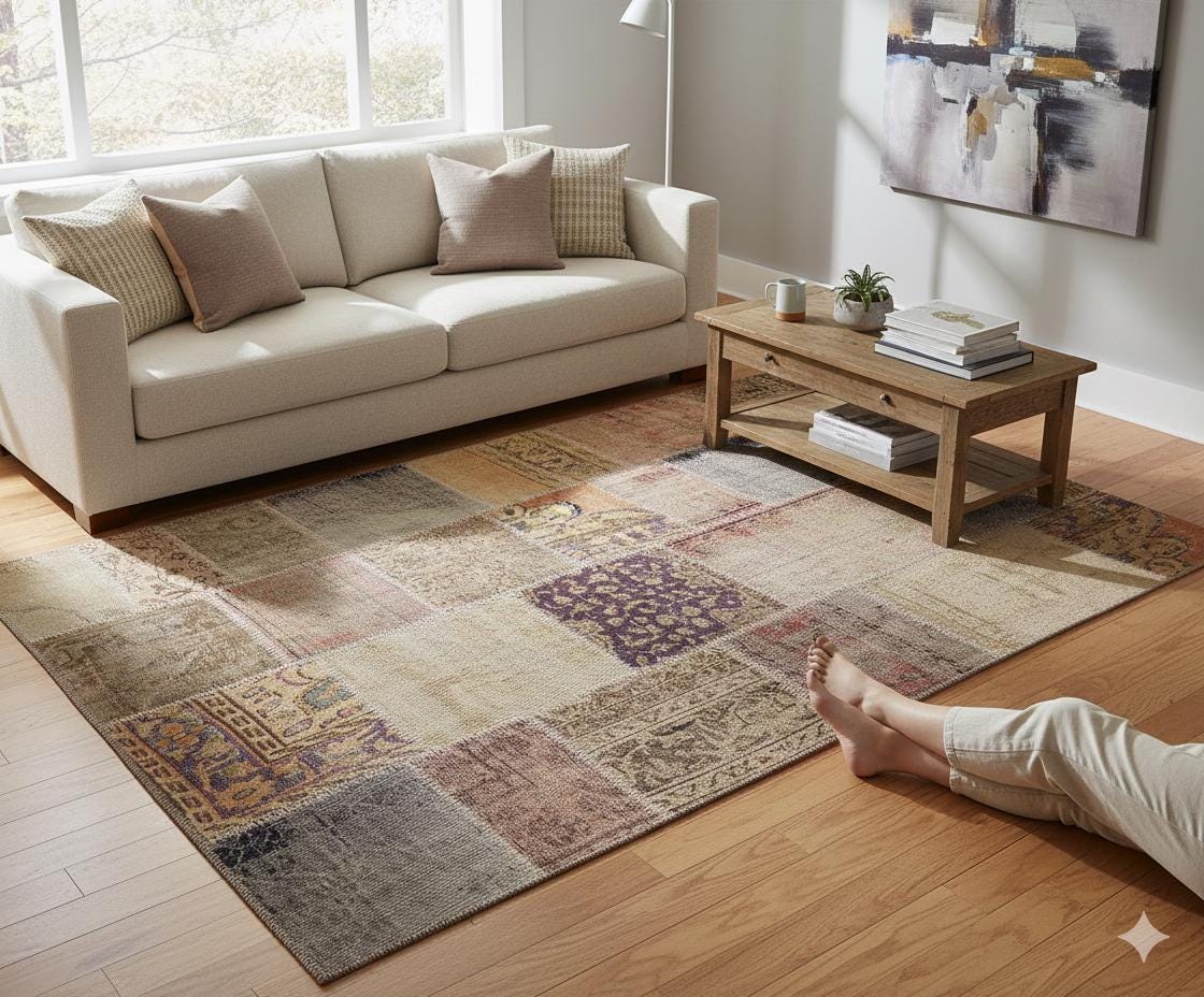Handmade Wool Turkish Patchwork Rug: Vintage Bohemian Area Rug (5x8)