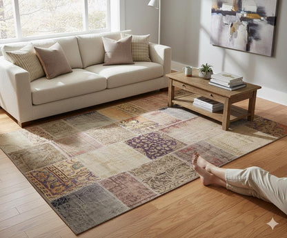 Handmade Wool Turkish Patchwork Rug: Vintage Bohemian Area Rug (5x8)