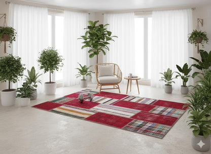 5.6x8, Handmade Wool Turkish Patchwork Rug – Vintage, Bohemian, One-of-a-Kind Area Rug